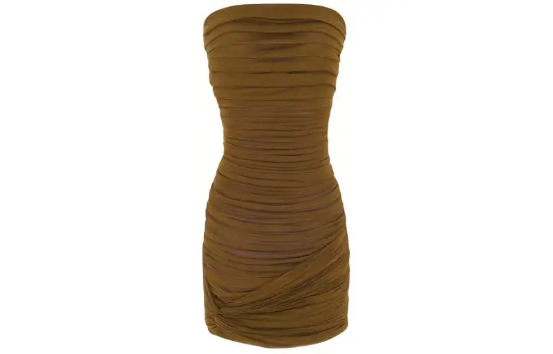 SAINT LAURENT Ruched Strapless Dress In Tulle Sleeveless Dress Women's Olive Green