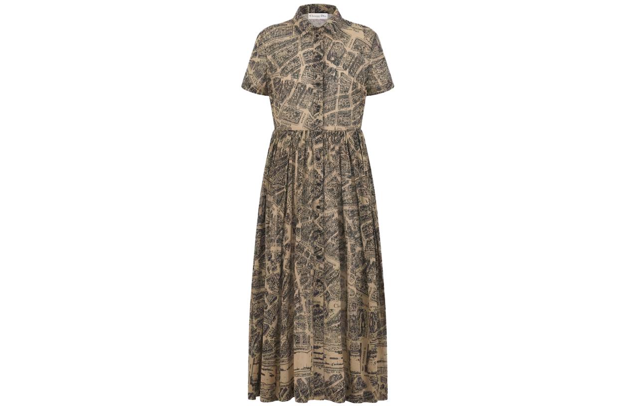 DIOR Short Sleeved Dresses Women's Brown Lapel Moderate Long