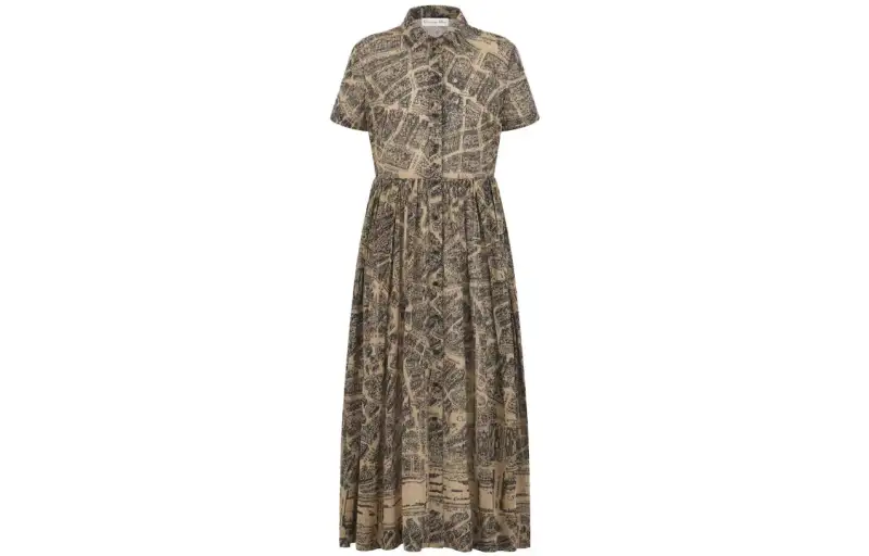 DIOR Short Sleeved Dresses Women's Brown Lapel Moderate Long