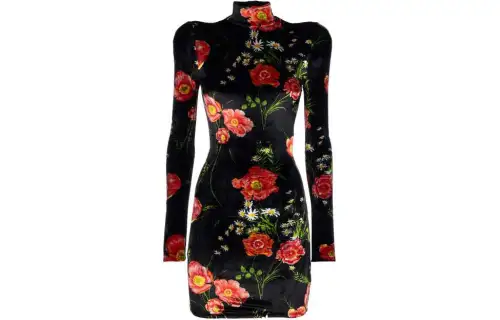 Balenciaga Flower Print Long-Sleeve Dress