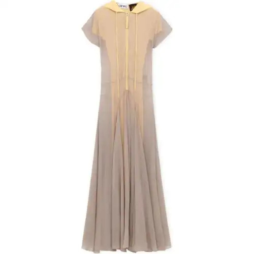 LOEWE Hooded Jumpsuit In Silk And Viscose Short Sleeved Dress Women's Beige