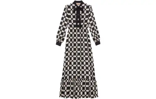 GUCCI Long Sleeved Dresses Women's Black White Ribbon Collar Moderate Long