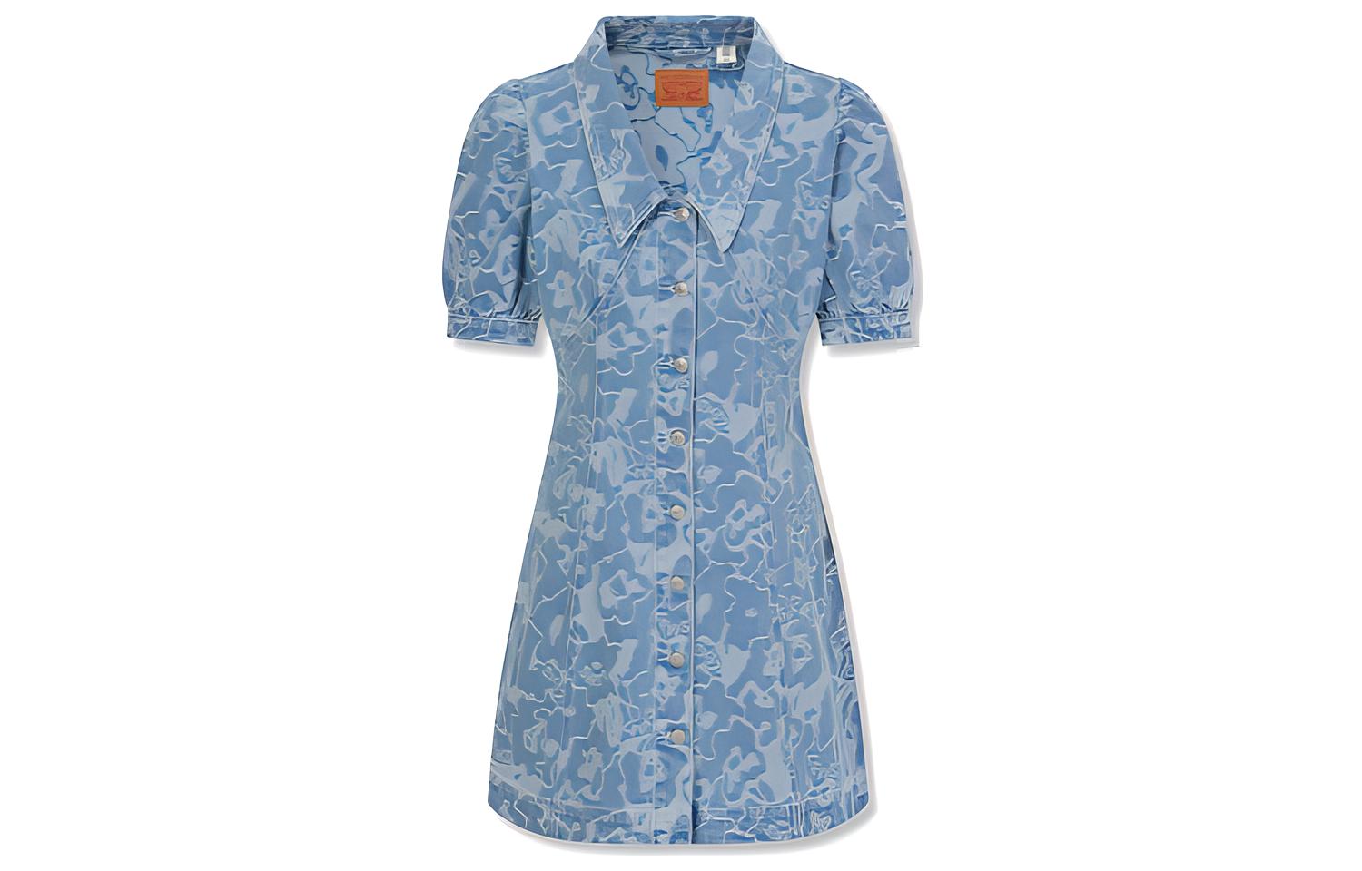 Zebra, breathable denim long blue short sleeve dress, print, V-neckline, puff sleeves, mid-length