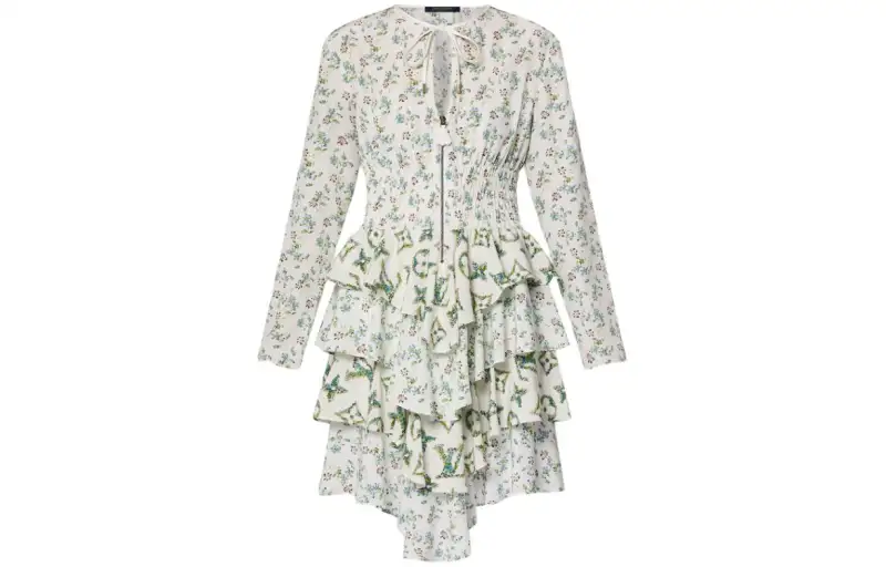 LOUIS VUITTON Floral Print Long-Sleeved Tiered Dress