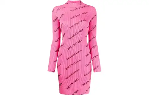 Balenciaga Printed Ribbed Knit Dress Pink