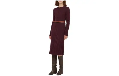 UNIQLO Long Sleeved Dresses Women's Burgundy Crew Neck Moderate Mid Length