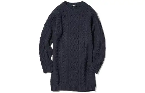 UNIQLO Long Sleeved Dresses Women's Navy Blue Crew Neck Moderate Mid Length