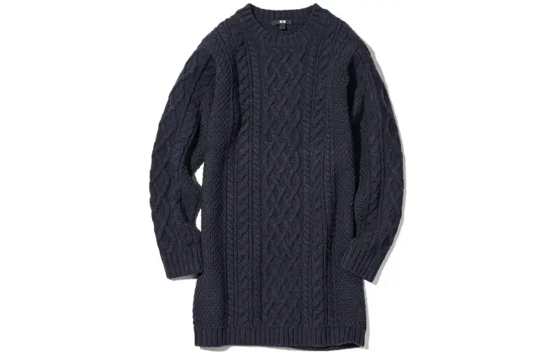 UNIQLO Long Sleeved Dresses Women's Navy Blue Crew Neck Moderate Mid Length