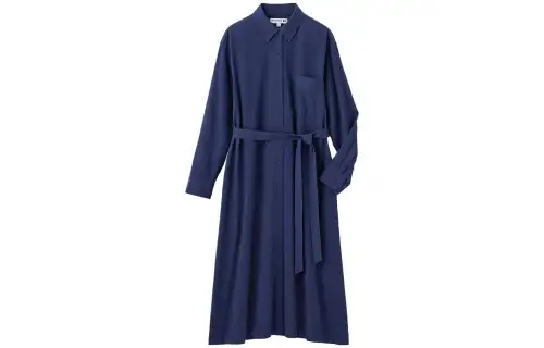 UNIQLO X Ines De La Fressange Long Sleeved Dresses Women's Dark Blue Shirt Collar Mid Length
