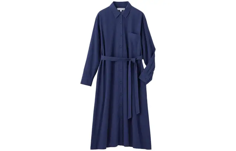 UNIQLO X Ines De La Fressange Long Sleeved Dresses Women's Dark Blue Shirt Collar Mid Length