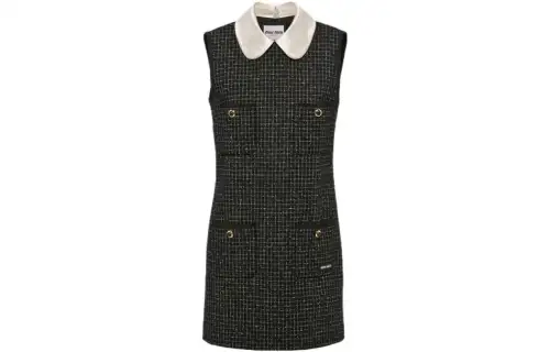 MIU MIU Miu Miu SS23 Plaid Doll Collar Casual Sleeveless Dress Women's Black