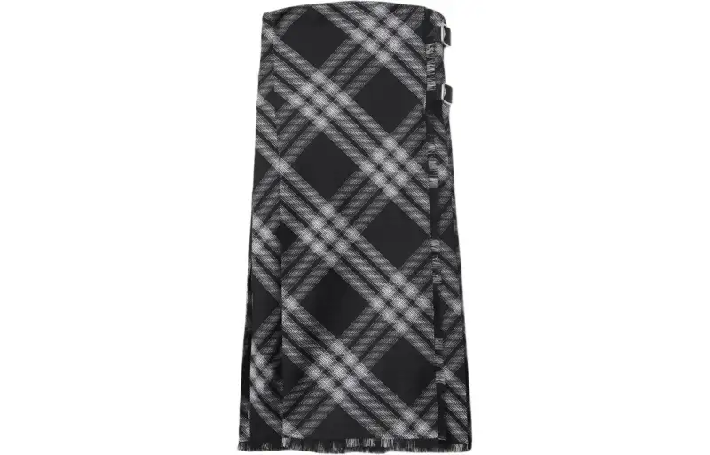 Burberry Checked Fringed Edge Midi Skirt