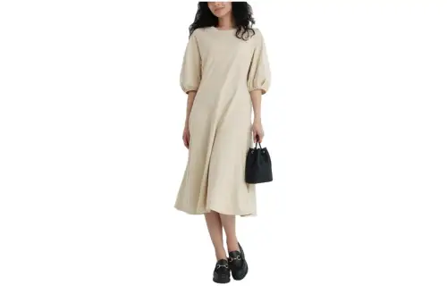 UNIQLO Short Sleeved Dresses Women's Light Beige Crew Neck Mid Length