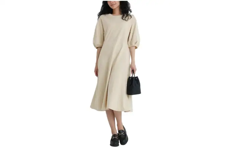 UNIQLO Short Sleeved Dresses Women's Light Beige Crew Neck Mid Length