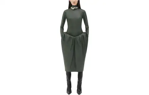 Bottega Veneta Leather Midi Skirt With Padded Hip Construction Long Sleeved Dress Women's