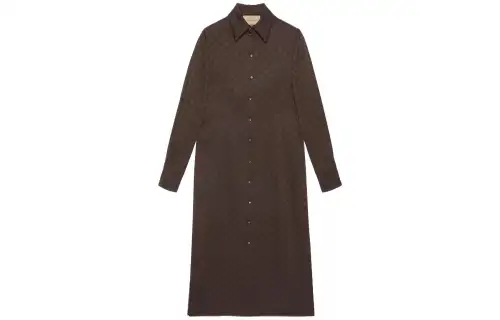 GUCCI Long Sleeved Dresses Women's Dark Brown Lapel Moderate Mid Length