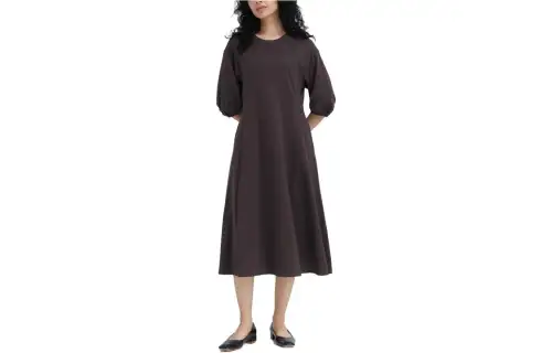 UNIQLO Short Sleeved Dresses Women's Brown Black Crew Neck Moderate Mid Length