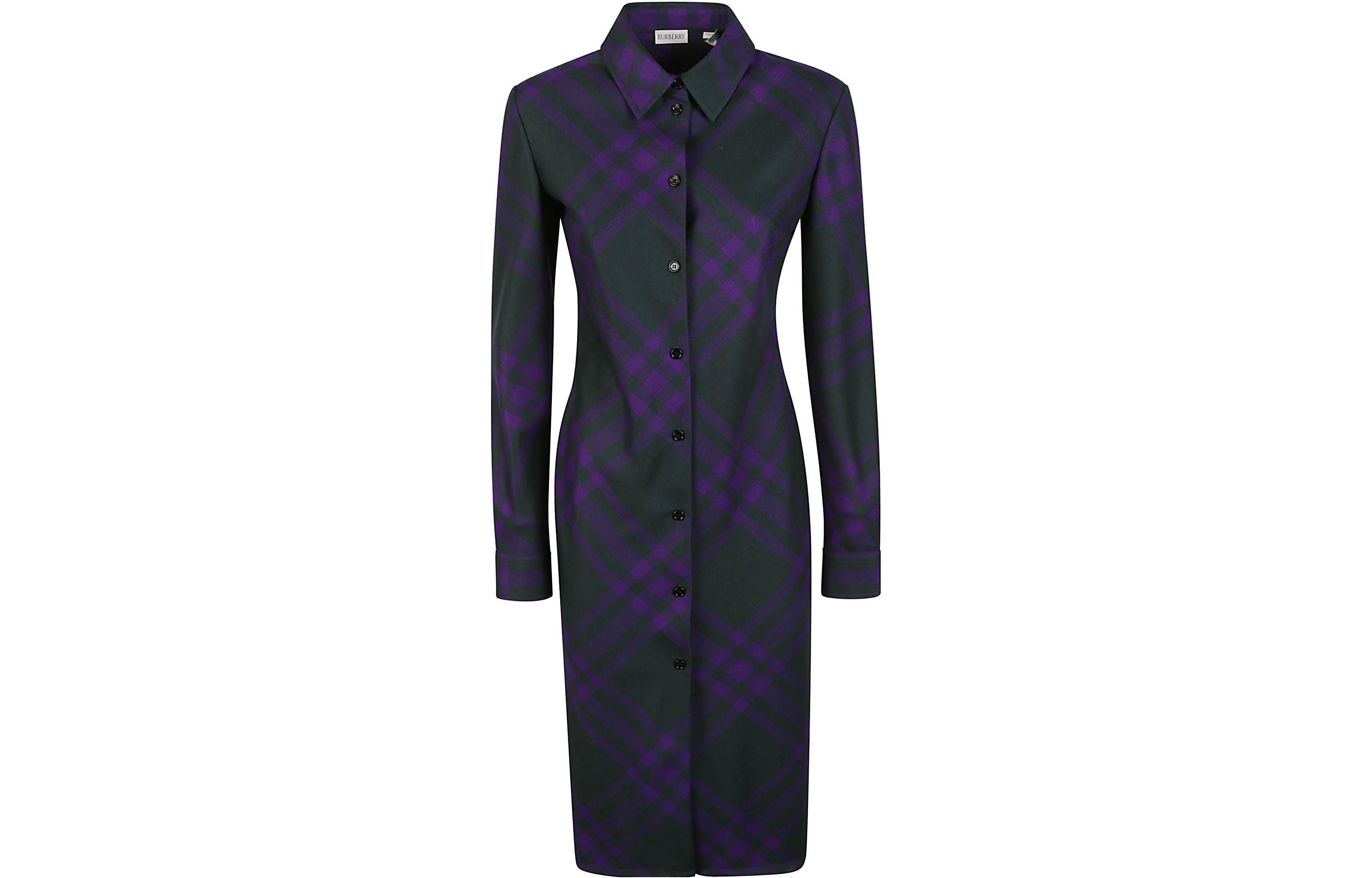 Burberry Burberry FW23 Plaid Print Square Neck Single Breasted Long Sleeve Dress Women's Purple