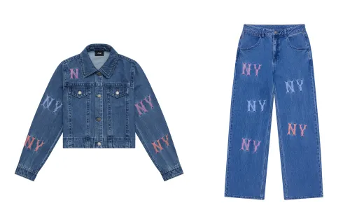 MLB New York Yankees 24FW fully printed colorful embroidered presbyopia large logo fashion denim casual suit for women, indigo