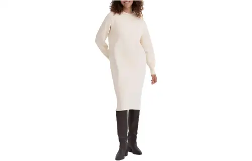 UNIQLO Long Sleeved Dresses Women's Ivory Crew Neck Thickened Mid Length