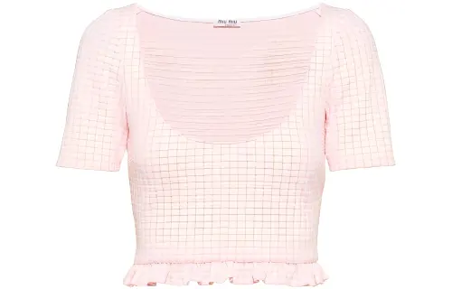 MIU MIU Miu Miu SS22 Plaid Short Sleeve T-shirt Cropped Top Women's Pink