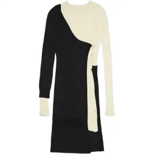 Bottega Veneta Draped Ribbed Knit Midi Dress Black/White