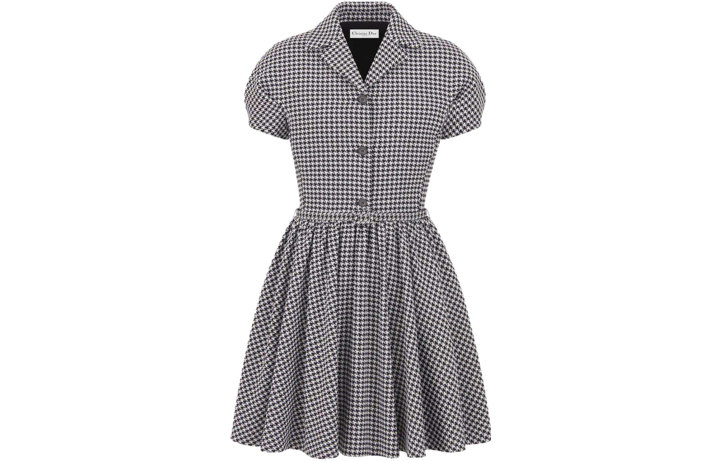 DIOR Dior FW23 Bird Check Pattern Single Breasted Pleated Puff Short Sleeve Dress Women's Color Blocking