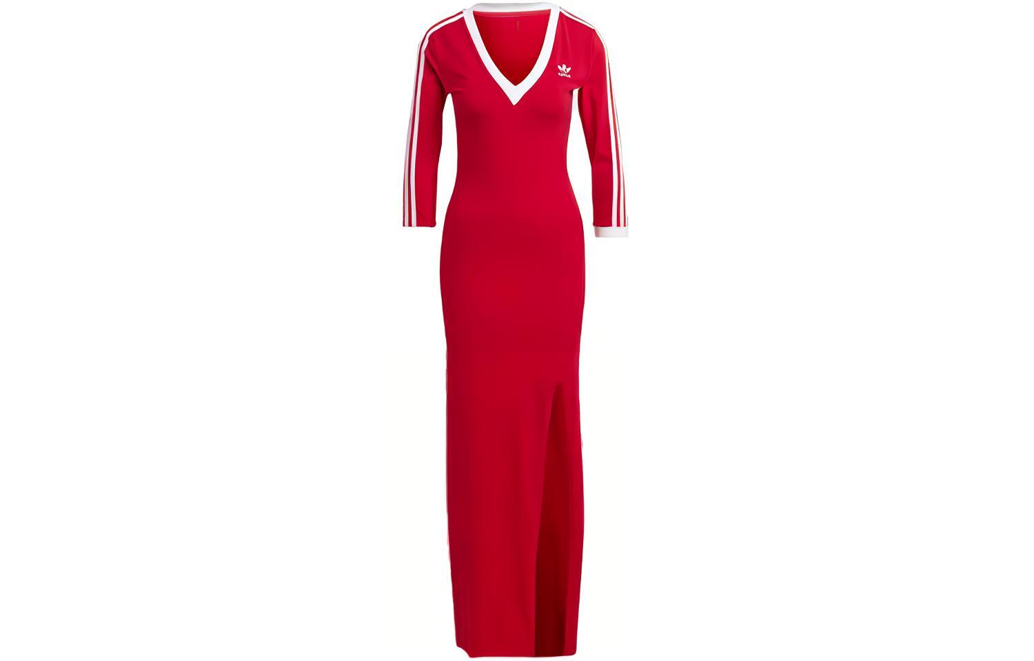Adidas originals 3-StripesClassics 3-Stripes Adicolor Classics 3-Stripes Maxi Three Stripes Colorblock V-neck Tight Fashion Long Short Sleeve Dress Women's Red