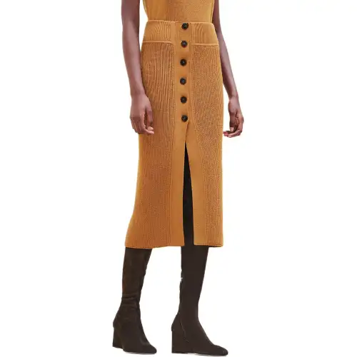 HERMES Knit Long Skirt Women's Caramel With Chestnuts