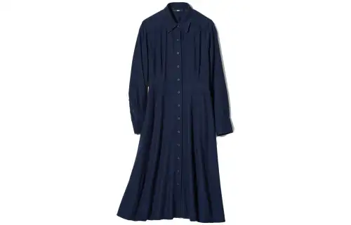 UNIQLO Long Sleeved Dresses Women's Navy Blue Pointed Collar Moderate Mid Length