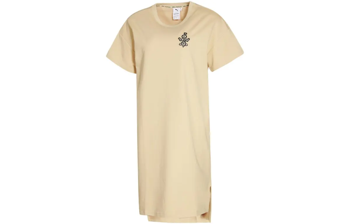 PUMA Short-Sleeved Dresses Women's Khaki Crew Neck Moderate Mid-Length