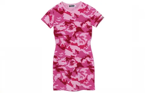 A BATHING APE Short Sleeved Dresses Women's Pink Crew Neck Moderate Short