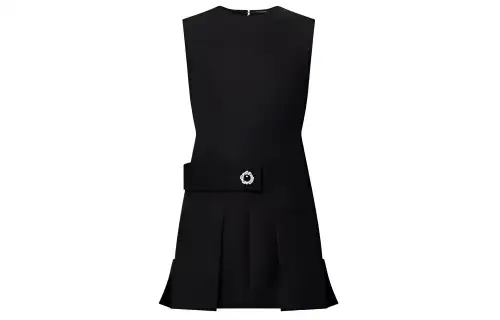Lv Wool Silk Button Tab Pleat Dress