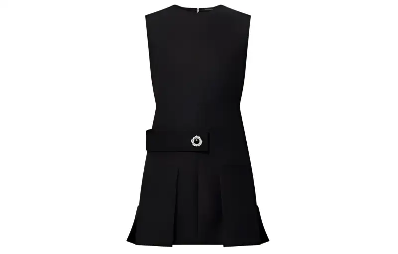 Lv Wool Silk Button Tab Pleat Dress