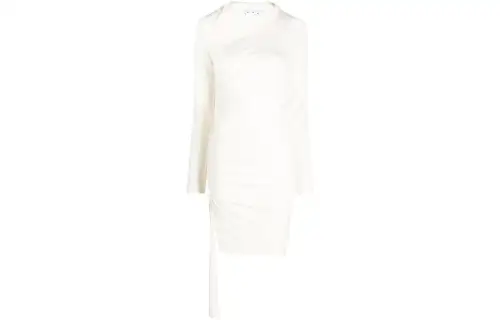 OFF WHITE Asymmetric Ruched Long Sleeved Mini Dress