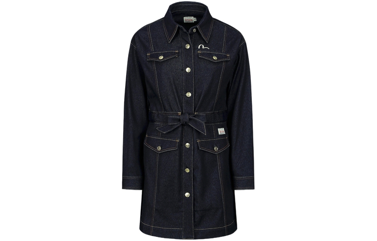 EVISU Long Sleeved Dresses Women's Denim Blue Shirt Collar Moderate Short