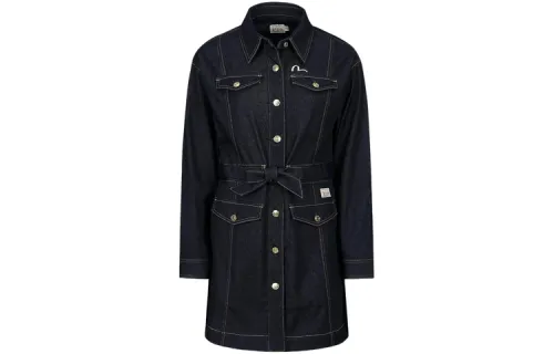 EVISU Long Sleeved Dresses Women's Denim Blue Shirt Collar Moderate Short