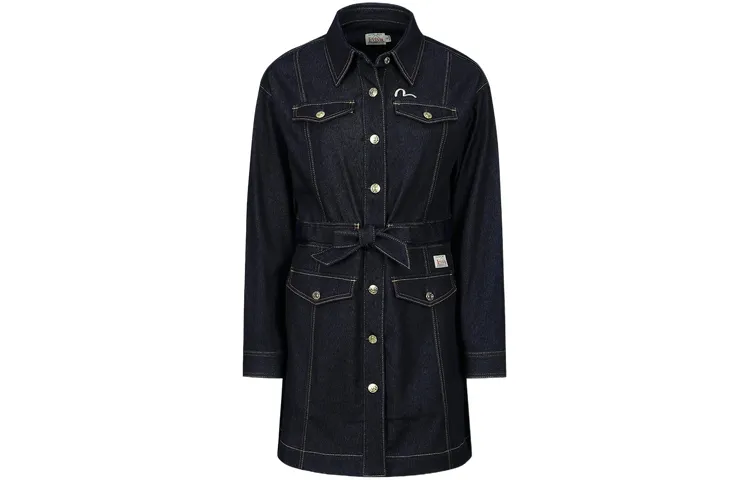 EVISU Long Sleeved Dresses Women's Denim Blue Shirt Collar Moderate Short