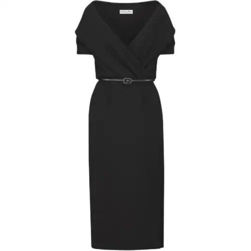 DIOR Wraparound Mid Length Dress Black Wool Crepe Short Sleeved Dress Women's Black