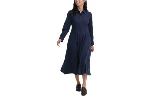 UNIQLO Long Sleeved Dresses Women's 69 Navy Blue Lapel Moderate Mid Length
