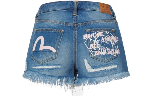 EVISU Denim Shorts Women's Denim Blue Moderate Ripped Pants