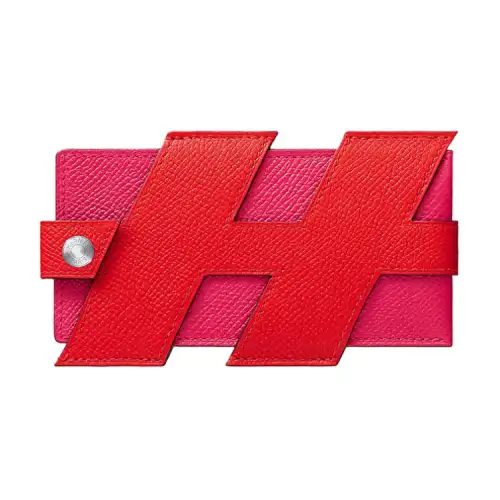 HERMES H Tag Silver Tone Buckle Epsom Leather Card Holder Women's Heart Red/Bright Pink
