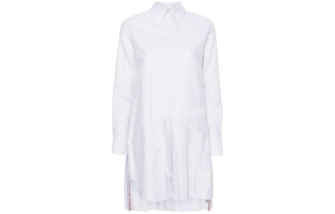 THOM BROWNE Button Up Pleated Striped Shirt Dress