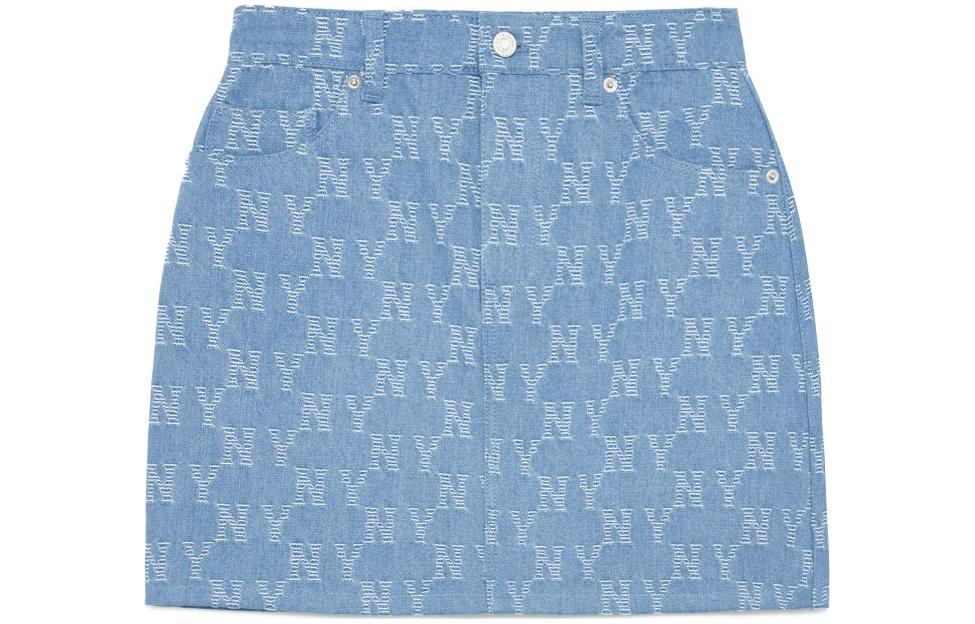 MLB New York Yankees Lettering Comfortable Jacquard Buttoned Half Denim Skirt Women's Light Gray Blue