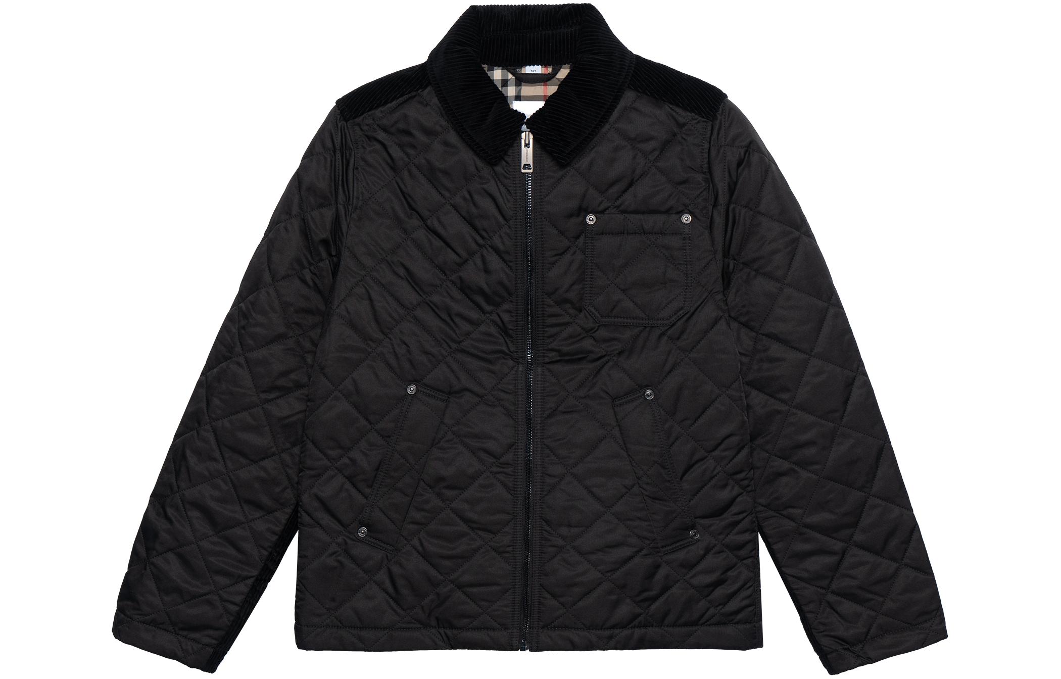 Burberry Burberry children's clothing FW22 solid color corduroy collar quilted long-sleeved jacket black 80536811 children's style
