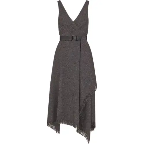DIOR V Neck Belted Fringed Edge Dress