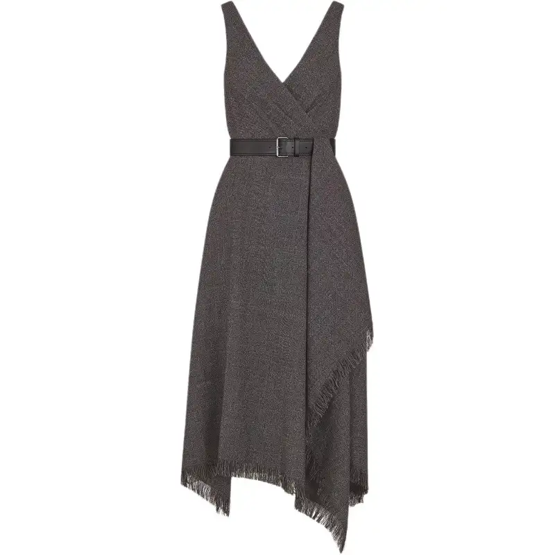 DIOR V Neck Belted Fringed Edge Dress