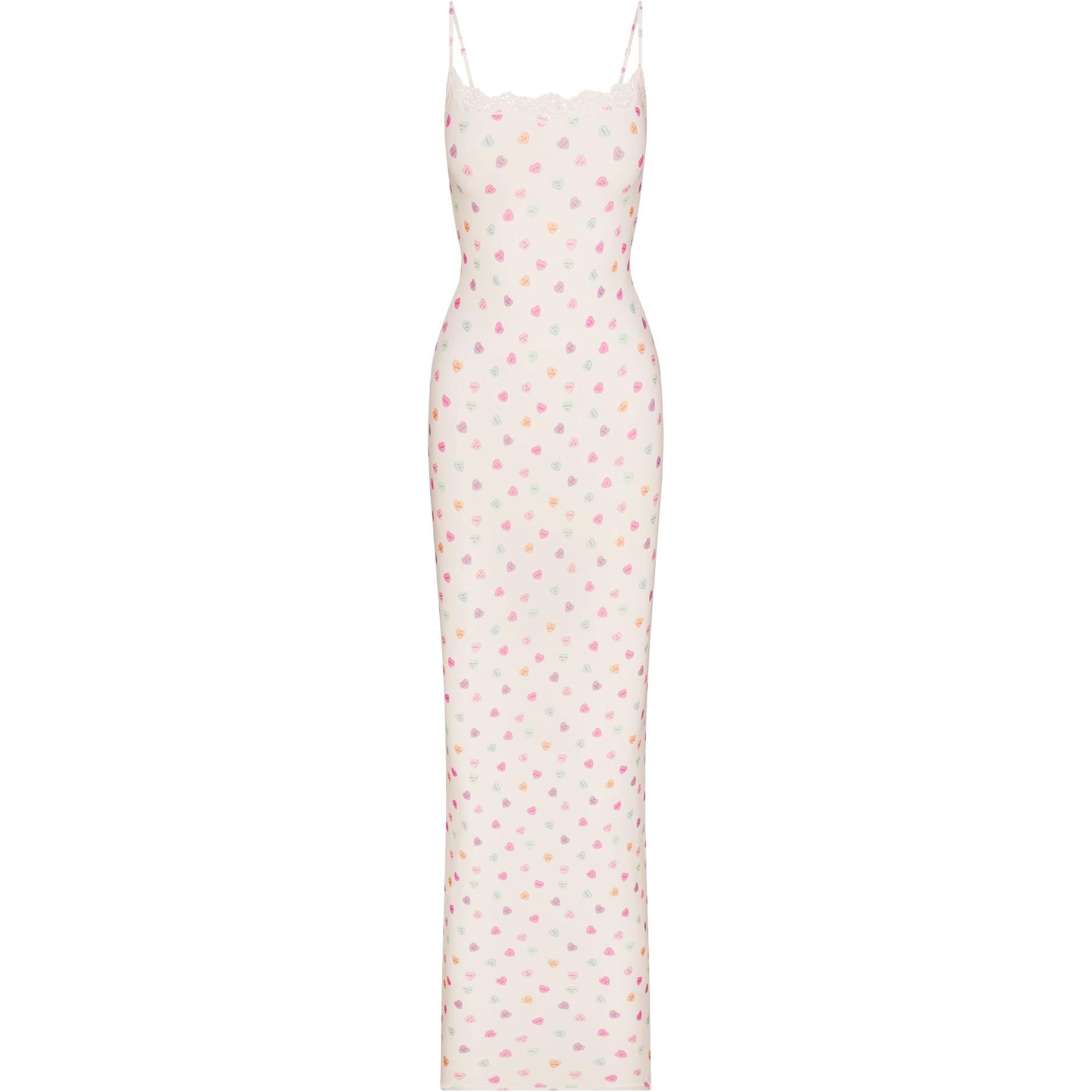 SKIMS Valentine's Day Series SS25 FITS EVERYBODYLACE LONG SLIP DRESS Lace adjustable shoulder strap round neck long suspender dress for women MARBLE CANDY HEART PRINT/marble candy heart print