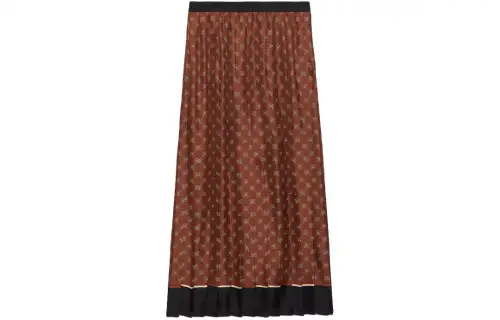 GUCCI Chain Print Pleated Silk Skirt Casual Long Skirt Women's Brown