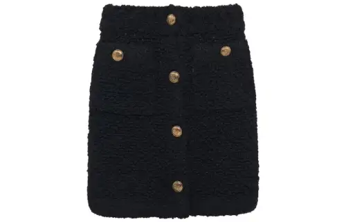button-up bouclé mini skirt